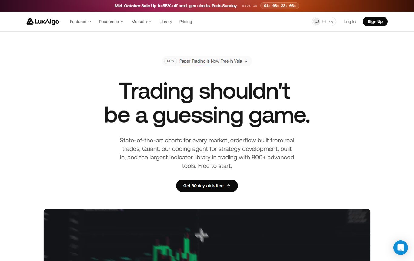 LuxAlgo homepage in October 2026 showing Vela, its own charting platform