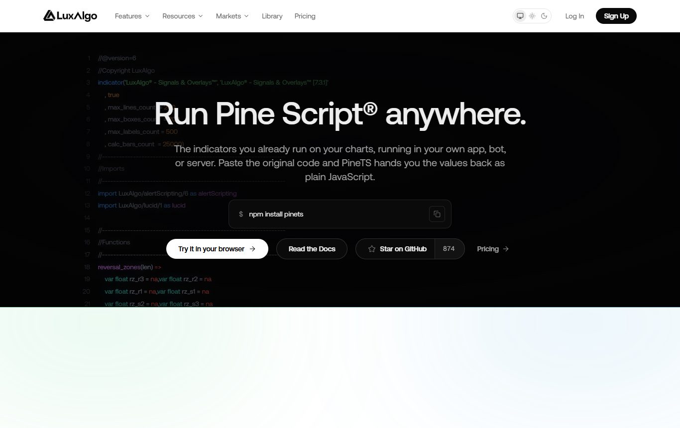 PineTS open-source Pine Script runtime homepage by LuxAlgo