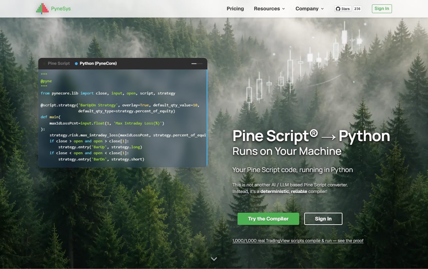 PyneSys Pine Script to Python compiler homepage