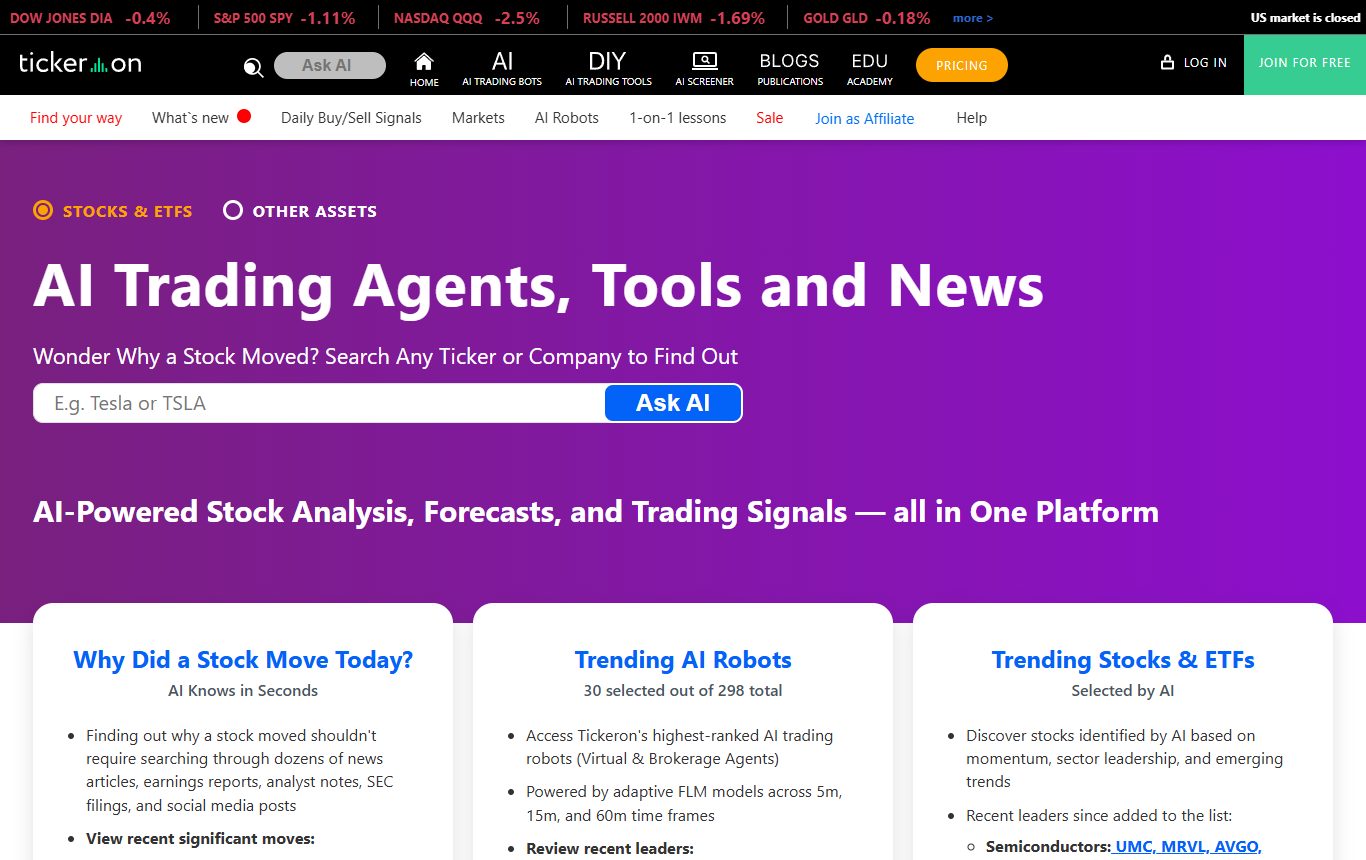 Tickeron AI trading agents and pattern tools homepage