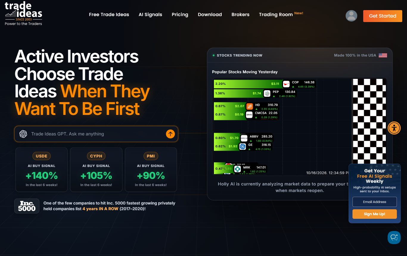 Trade Ideas AI stock scanning platform homepage